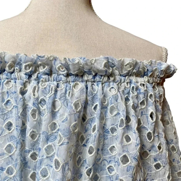 ML Monique Lhuillier Blue White Eyelet Off Shoulder Blouse Size Small - Picture 10 of 16